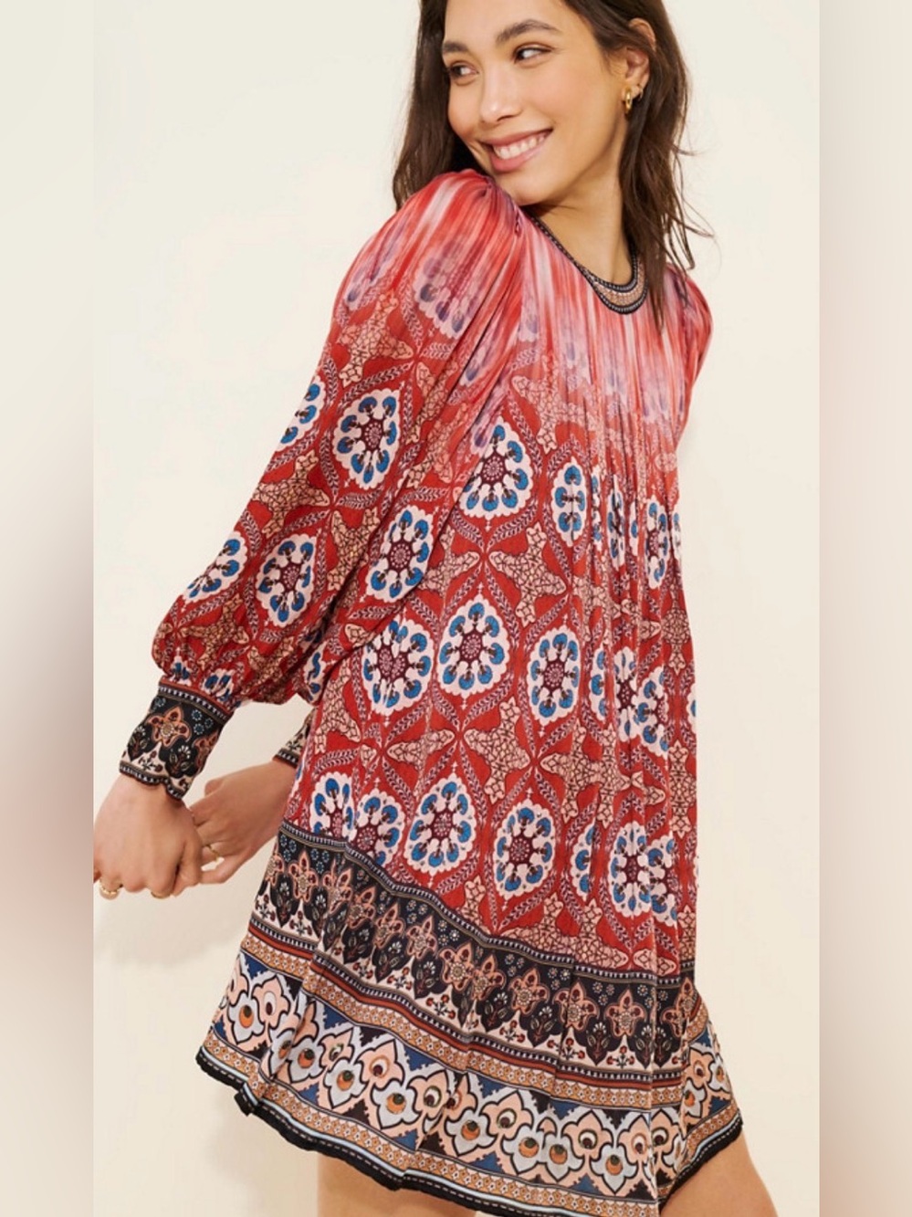 Anthropologie Tanvi Kedia Red Medallion Pleated Boho Mini Dress Balloon Sleeve S